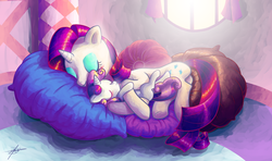 Size: 1920x1136 | Tagged: safe, artist:halem1991, rarity, sweetie belle, g4, cute, diasweetes, halem1991 is trying to murder us, hug, pillow, raribetes, sisters, sleeping, snuggling