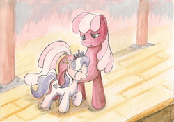 Size: 2332x1643 | Tagged: safe, artist:souleatersaku90, cheerilee, diamond tiara, g4, comfort, comforting, commission, crying, fanfic, fanfic art, filly, foal, implied death, sad, the simple life, traditional art, watercolor painting