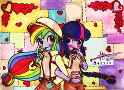 Size: 1200x874 | Tagged: safe, artist:shikimaakemi, rainbow dash, twilight sparkle, equestria girls, g4, my little pony equestria girls: rainbow rocks, blushing, braid, chocolate, design, earring, female, hairclip, hat, heart, hearts and hooves day, holding, humanized, lesbian, necklace, pattern, pocky, ponytail, ship:twidash, shipping, twilight sparkle (alicorn), valentine's day, watermark