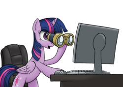 Size: 1200x850 | Tagged: safe, artist:anearbyanimal, twilight sparkle, alicorn, pony, g4, binoculars, chair, computer, computer mouse, eyes on the prize, female, hoof hold, keyboard, leaning, mare, meme, monitor, open mouth, open smile, ponified, ponified meme, reaction image, simple background, smiling, solo, transparent background, twilight sparkle (alicorn)