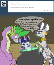 Size: 640x770 | Tagged: safe, artist:aviantheatrics, spike, twilight sparkle, zecora, alicorn, pony, zebra, ask twilight and spike!, g4, ask-twispike, female, male, mare, ship:twispike, shipping, straight, tumblr, twilight sparkle (alicorn)