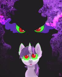 Size: 930x1158 | Tagged: safe, artist:xnir0x, king sombra, twilight sparkle, umbrum, g4, dark magic, looking up, magic, slit pupils, sombra eyes