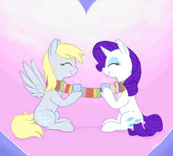 Size: 1227x1103 | Tagged: safe, artist:yeendip, derpy hooves, rarity, pegasus, pony, g4, clothes, derpity, female, lesbian, mare, scarf, shared clothing, shared scarf, shipping, tea, teacup