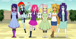 Size: 1360x710 | Tagged: safe, artist:avaflynn, applejack, fluttershy, pinkie pie, rainbow dash, rarity, twilight sparkle, anthro, g4, ambiguous facial structure, boots, cleavage, clothes, dress, female, kisekae, mane six, midriff, pony coloring, shoes, skirt, tank top