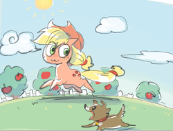 Size: 736x558 | Tagged: safe, artist:baekgup, applejack, winona, g4, :3, chibi, running, tree