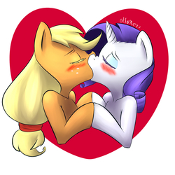 Size: 1200x1200 | Tagged: safe, artist:atane27, applejack, rarity, g4, blushing, colored eyelashes, female, heart, holding hooves, kissing, lesbian, ship:rarijack, shipping