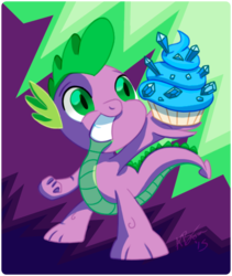Size: 476x565 | Tagged: safe, artist:affinityshy, spike, dragon, g4, secret of my excess, cupcake, food, gem, male, sapphire, sapphire cupcake, smiling, solo, spike day