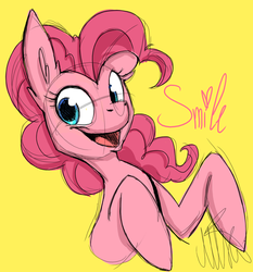 Size: 1034x1108 | Tagged: safe, artist:xnir0x, pinkie pie, g4, bust, ear fluff, female, open mouth, simple background, smiling, solo, yellow background