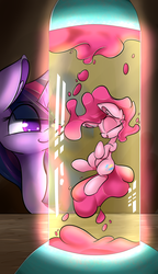 Size: 2300x4000 | Tagged: safe, artist:madacon, pinkie pie, twilight sparkle, earth pony, lava lamp pony, pony, unicorn, g4, duo, eyes closed, female, glowing, lava lamp, mare, open mouth, smiling, surreal