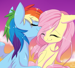 Size: 1000x900 | Tagged: safe, artist:silbersternenlicht, fluttershy, rainbow dash, pegasus, pony, g4, cute, duo, duo female, eyes closed, female, lesbian, mare, ship:flutterdash, shipping, shyabetes, smiling