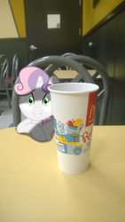 Size: 1024x1819 | Tagged: safe, artist:kuren247, artist:theever, sweetie belle, g4, chair, cup, door, exploitable meme, irl, mcdonald's, meme, photo, ponies in real life, pure unfiltered evil, restaurant, solo, spilled milk, table, vector, xk-class end-of-the-world scenario