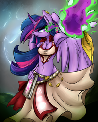Size: 1700x2100 | Tagged: safe, artist:madacon, twilight sparkle, anthro, g4, armpits, belly button, book, clothes, colored horn, curved horn, dark magic, female, horn, magic, midriff, skirt, solo, sombra eyes, sombra horn, spellbook, twilight sparkle (alicorn)