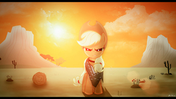 Size: 3415x1920 | Tagged: safe, artist:alkaa-wolf, artist:carge, applejack, earth pony, pony, g4, appleloosa, desert, female, lens flare, letterboxing, looking at you, solo, sun, tree, tumbleweed, vector, wallpaper, western