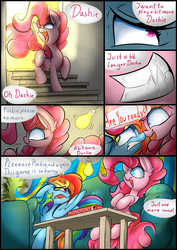 Size: 1700x2400 | Tagged: safe, artist:madacon, pinkie pie, rainbow dash, earth pony, pegasus, pony, fanfic:cupcakes, g4, bait and switch, board game, comic, couch, ear fluff, fangs, female, mare, monopoly, mood whiplash, shrunken pupils, stairs, table