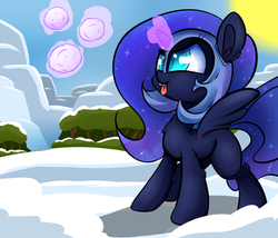 Size: 1400x1200 | Tagged: safe, artist:madacon, nightmare moon, alicorn, pony, g4, :p, blank flank, chest fluff, cute, ear fluff, fangs, female, filly, glare, leg fluff, levitation, lunabetes, magic, mountain, nightmare mlem, nightmare woon, pose, smiling, smirk, snow, snowball, snowball fight, solo, spread wings, sun, telekinesis, tongue out, tree, winter