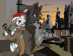 Size: 1019x784 | Tagged: safe, artist:slouping, oc, oc only, oc:blindfire, oc:lani, cyborg, pony, unicorn, zebra, fallout equestria, back to back, bomber jacket, boots, braid, clothes, cutie mark, friends, goatee, grenade launcher, gun, knife, looking at each other, looking back, revolver, scarf, shotgun, sitting, wastelands, weapon