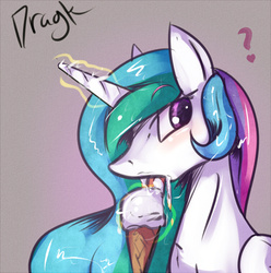 Size: 750x757 | Tagged: safe, artist:dragk, princess celestia, alicorn, pony, g4, eyelashes, female, glowing, glowing horn, horn, hungry, ice cream, not cum, question mark, shiny mane, solo, tongue out