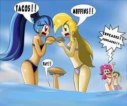Size: 7087x5906 | Tagged: safe, artist:ryured, derpy hooves, pinkie pie, soarin', sonata dusk, spike, human, equestria girls, g4, absurd resolution, adventure in the comments, bikini, clothes, cupcake, cupcakes vs muffins, food fight, food thread, human coloration, human spike, humanized, implied soarin', misspelling, muffin, ocean, offscreen character, pie, sonataco, swimsuit, taco, that girl sure loves tacos, that pony sure does love cupcakes, that pony sure does love muffins, that pony sure does love pies, that siren sure does love tacos