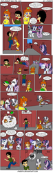 Size: 1015x3300 | Tagged: safe, artist:pheeph, rainbow dash, rarity, twilight sparkle, zecora, human, pony, unicorn, zebra, g4, ball of violence, blooper, blue eyes, bracelet, brick wall, caught, clothes, comic, crossover, crown, dialogue, dress, ear piercing, earring, fight, green shell, jewelry, koopa shell, magic, multicolored hair, necklace, pants, piercing, princess daisy, purple eyes, regalia, shirt, shoes, socks, stripes, super mario bros., super mario land, the direct way, turtle shell