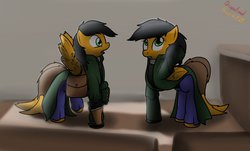 Size: 1280x771 | Tagged: safe, artist:the-furry-railfan, oc, oc only, oc:flash-bang, oc:twintails, pegasus, pony, fallout equestria, fallout equestria: occupational hazards, awkward, clothes, doppelganger, gun, luger, pistol, post office, rule 63, saddle bag, story