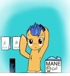 Size: 298x326 | Tagged: dead source, safe, artist:askcockyflash, flash sentry, pony, g4, armpits, bathroom, bipedal, comb, deodorant, hair gel, johnny bravo, male, solo