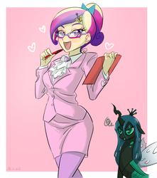 Size: 770x870 | Tagged: safe, artist:ta-na, princess cadance, queen chrysalis, human, g4, angry, bow, business suit, clothes, dress suit, female, glasses, heart, humanized, open mouth, pen, spread wings, suit