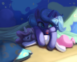 Size: 2500x2000 | Tagged: safe, artist:verrmont, princess luna, alicorn, pony, g4, blanket, female, filly, high res, morning ponies, plushie, prone, solo, tongue out, woona