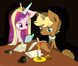 Size: 1411x1192 | Tagged: safe, artist:frankier77, princess cadance, oc, oc:heart tips, g4, book, candle, magic, quill
