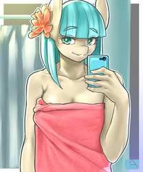 Size: 1000x1200 | Tagged: safe, artist:m@k, coco pommel, earth pony, anthro, g4, breasts, female, mirror, naked towel, phone, selfie, sexy, smartphone, smiling, solo, stupid sexy coco pommel, towel