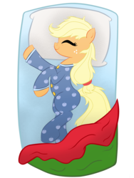 Size: 1536x2048 | Tagged: safe, artist:bratzoid, applejack, earth pony, pony, g4, bed, blanket, clothes, cute, equestria girls outfit, eyes closed, female, footed sleeper, jackabetes, on side, pajamas, simple background, sleeping, smiling, solo, transparent background