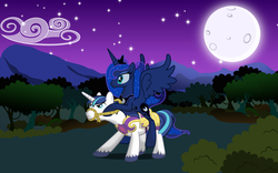 Size: 1920x1200 | Tagged: safe, artist:mattbas, princess luna, shining armor, alicorn, pony, unicorn, g4, .svg available, female, forest, male, mare, moon, night, ponies riding ponies, pun, reins, riding, spread wings, stallion, vector