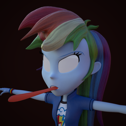 Size: 960x960 | Tagged: safe, artist:3d thread, artist:creatorofpony, rainbow dash, equestria girls, g4, 3d, 3d model, blank eyes, blender, clothes, empty eyes, female, long tongue, open mouth, possessed, shirt, solo, teenager, tongue out, wat