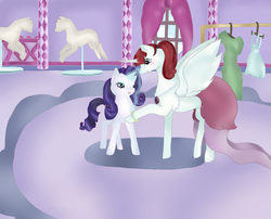 Size: 1470x1188 | Tagged: safe, artist:znowiis, rarity, oc, oc:fausticorn, g4, blank flank, bracelet, carousel boutique, clothes, dress, jewelry, necklace