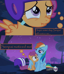 Size: 766x884 | Tagged: safe, screencap, rainbow dash, scootaloo, g4, sleepless in ponyville, screencap comic, senpai, senpai noticed me