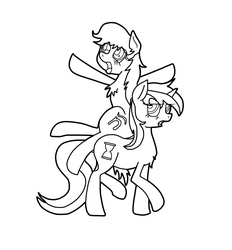 Size: 1158x1248 | Tagged: artist needed, safe, minuette, oc, oc:maría teresa de los ponyos paguetti, earth pony, pony, unicorn, g4, background pony, black and white, duo, female, grayscale, lineart, mare, monochrome, ponies riding ponies, riding, unamused, ya es hora