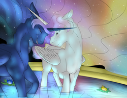 Size: 1000x769 | Tagged: safe, artist:backlash91, princess celestia, princess luna, g4, bath, crying, eyes closed, missing accessory, nuzzling, open mouth, smiling, water