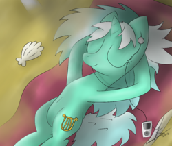 Size: 1000x850 | Tagged: safe, artist:gusteaureeze, lyra heartstrings, pony, unicorn, g4, arm behind head, beach, beach blanket, earbuds, eyes closed, female, mp3 player, on back, seashell, smiling, solo