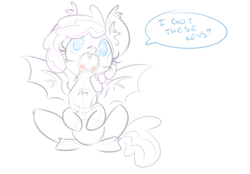 Size: 949x661 | Tagged: artist needed, safe, oc, oc only, oc:sirocca, bat pony, pony, cute, key, sketch, speech bubble