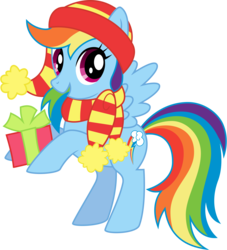 Size: 7250x8000 | Tagged: dead source, safe, artist:the-aziz, rainbow dash, pegasus, pony, g4, absurd resolution, bipedal, christmas, clothes, female, holding a present, mare, open mouth, present, scarf, simple background, solo, stock vector, svg, transparent background, vector