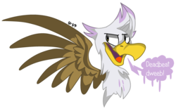 Size: 1024x636 | Tagged: safe, artist:dizzee-toaster, gilda, griffon, g4, dialogue, guilder, rule 63, simple background, solo, transparent background