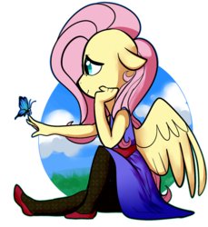 Size: 1024x1119 | Tagged: safe, artist:chandelurres, fluttershy, butterfly, anthro, g4, clothes, dress, female, solo