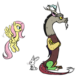 Size: 2805x2803 | Tagged: dead source, safe, artist:apilsinn, angel bunny, discord, fluttershy, draconequus, pegasus, pony, rabbit, g4, abuse, angry, animal, discordabuse, dunce hat, female, fluttershy is not amused, flying, hat, high res, male, mare, punishment, unamused