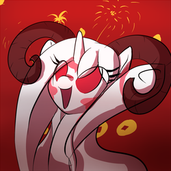 Size: 900x901 | Tagged: safe, artist:celerypony, oc, oc only, oc:celery, pony, sheep, unicorn, blushing, cheering, cute, happy, horns, lunar new year, open mouth, smiling, solo, underhoof, year of the sheep