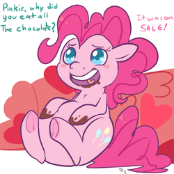 Size: 500x500 | Tagged: safe, artist:mt, pinkie pie, g4, belly, chocolate, chubby, cute, dialogue, diapinkes, female, heart eyes, hoof fluff, messy eating, offscreen character, open mouth, solo, underhoof, wingding eyes