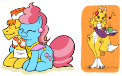 Size: 1024x640 | Tagged: safe, artist:cngsoft, carrot cake, cup cake, earth pony, pony, renamon, anthro, g4, anthro with ponies, digimon, eyes closed, female, headphones, male, mare, ship:carrot cup, shipping, simple background, snuggling, stallion, straight, white background