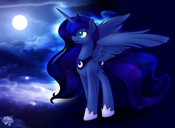 Size: 1125x825 | Tagged: safe, artist:skyheavens, princess luna, alicorn, pony, g4, female, flying, full moon, mare, moon, night, profile, solo, spread wings, standing, wings