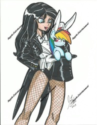 Size: 1205x1553 | Tagged: safe, artist:ponygoddess, rainbow dash, human, g4, bunny ears, crossover, cute, dashabetes, dc comics, fishnet stockings, hat, magic trick, magician, simple background, tailcoat, top hat, traditional art, unamused, watermark, white background, zatanna