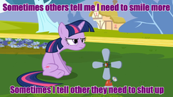 Size: 650x365 | Tagged: safe, twilight sparkle, g4, female, grumpy twilight, image macro, meme, purple text, solo