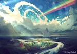Size: 900x636 | Tagged: safe, artist:rhads, canterlot, cloud, cloudsdale, lens flare, ponyville, rainbow, scenery, sweet apple acres