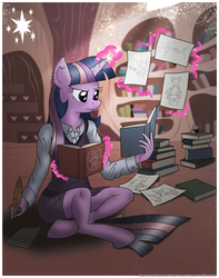 Size: 3750x4768 | Tagged: safe, artist:greenlinzerd, derpy hooves, twilight sparkle, anthro, unguligrade anthro, g4, absurd resolution, book, clothes, diagram, dust motes, ear fluff, extra pony, female, fine art parody, implied applejack, implied fluttershy, implied pinkie pie, implied rainbow dash, implied rarity, ink, magic, notepad, quill, solo, studying, tank top, telekinesis, vitruvian man